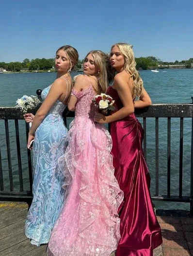 Pink Off Shoulder Fluffy Lace Appliques Floral Long Prom Dress Evening Dress Y7846 by simplepromdress