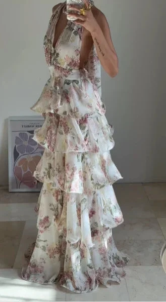 Glamorous Chiffon Print Floral A Line Backless Prom Dress V Neck Halter Layered Evening Dress Y8501 by simplepromdress