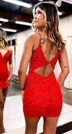 Red Lace Appliques Homecoming Dresses Tight Short Spaghetti Straps Dress for Teens Cocktail Gown Y2493 by simplepromdress