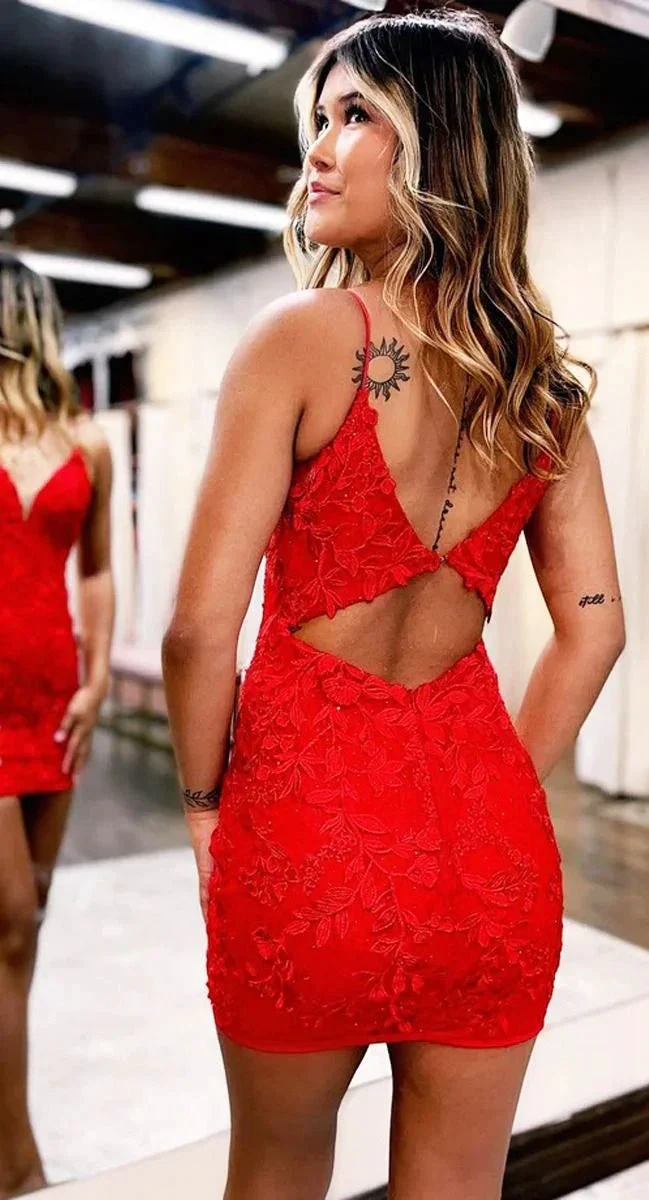 Red Lace Appliques Homecoming Dresses Tight Short Spaghetti Straps Dress for Teens Cocktail Gown Y2493 by simplepromdress