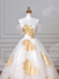Gorgeous Gold Print Tulle Off The Shoulder Ball Gown A Line Prom Dress Evening Dress Y8618 by simplepromdress