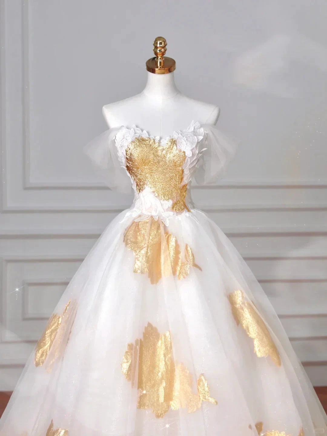 Gorgeous Gold Print Tulle Off The Shoulder Ball Gown A Line Prom Dress Evening Dress Y8618 by simplepromdress