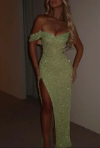 Sparkly Sage Green Sequins Off-The-Shoulder Split Prom Dress Formal Evening Gown Y7983 by simplepromdress