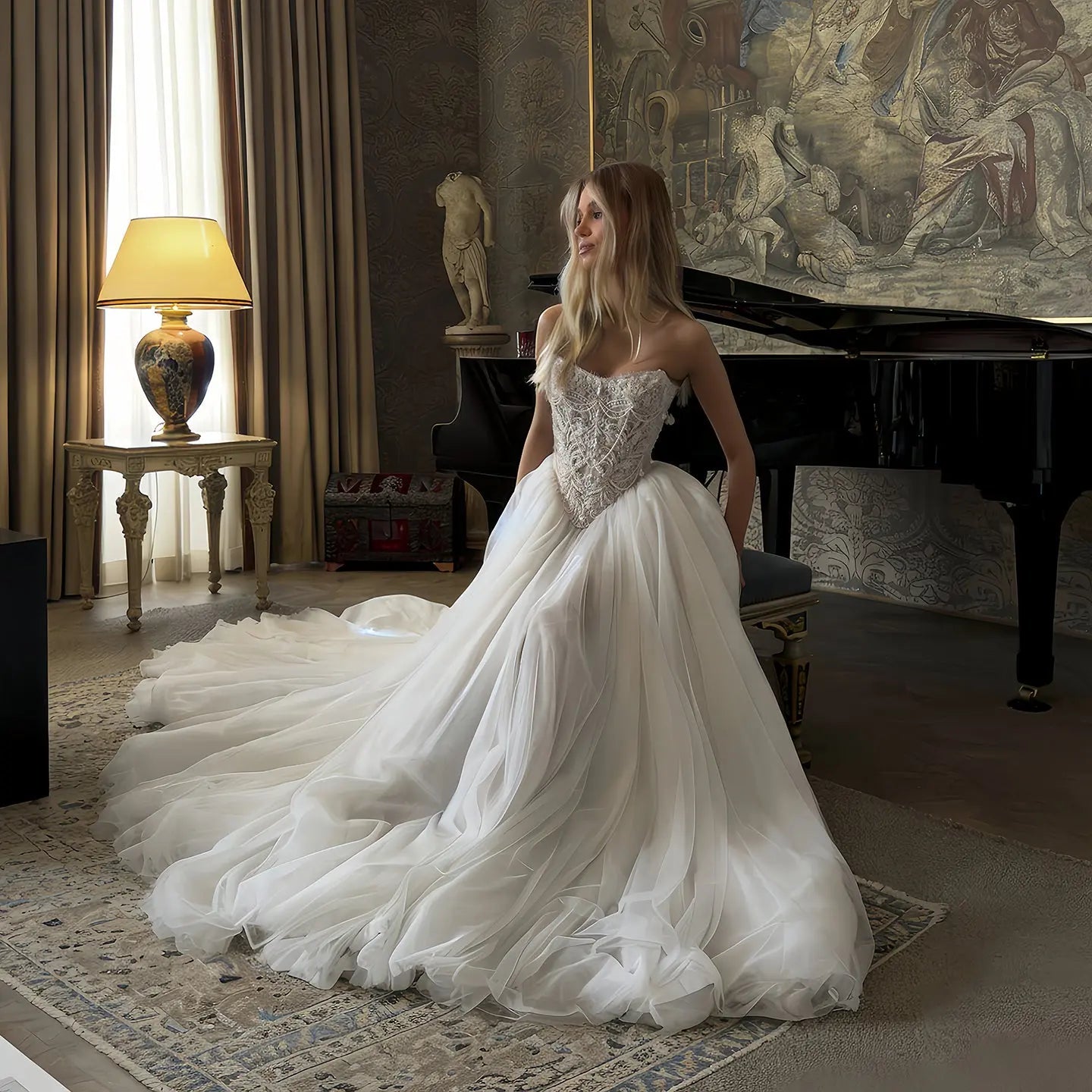 Elegant White Strapless Lace Corset Ball Gown Wedding Dress SW217