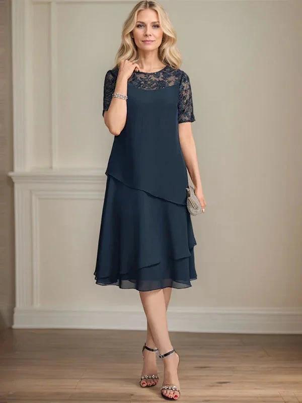 A-line Scoop Illusion Knee-Length Lace Chiffon Mother of the Bride Dress With Sequins by Dreamylily