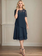 A-line Scoop Illusion Knee-Length Lace Chiffon Mother of the Bride Dress With Sequins by Dreamylily