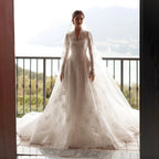 Timeless White Lace V-Neck Long Sleeve Wedding Dress with Cathedral Veil SW278