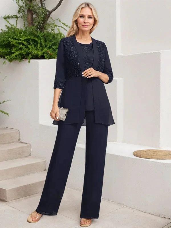Jumpsuit/Pantsuit Separates Scoop Floor-Length Chiffon Lace Mother of the Bride Dress With Sequins by Dreamylily