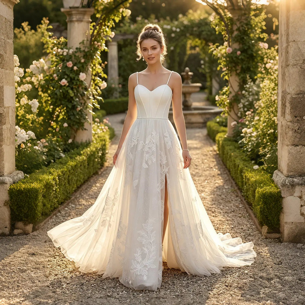 Elegant White Spaghetti Strap Satin Bodice Lace Tulle Wedding Dress with Train SW705