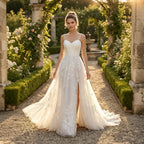Elegant White Spaghetti Strap Satin Bodice Lace Tulle Wedding Dress with Train SW705