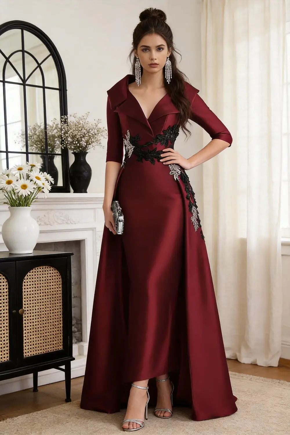 Burgundy Satin Floral Embroidered Mermaid Evening Gown, Overskirt Formal Dress by tangjianjun