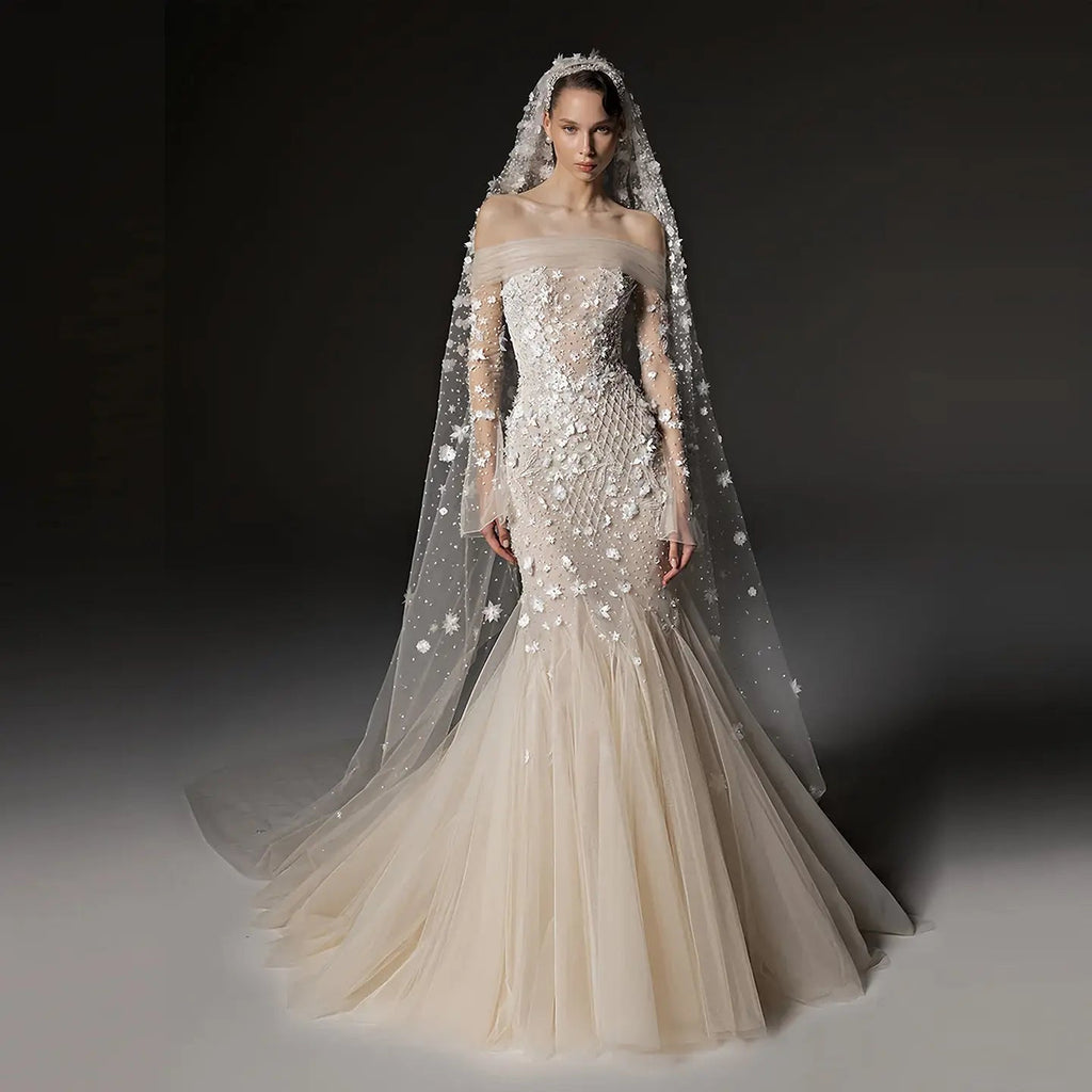 Glamorous Champagne Off-the-Shoulder Beaded Floral Mermaid Wedding Dress with Veil SW670
