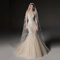 Glamorous Champagne Off-the-Shoulder Beaded Floral Mermaid Wedding Dress with Veil SW670