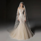 Glamorous Champagne Off-the-Shoulder Beaded Floral Mermaid Wedding Dress with Veil SW670