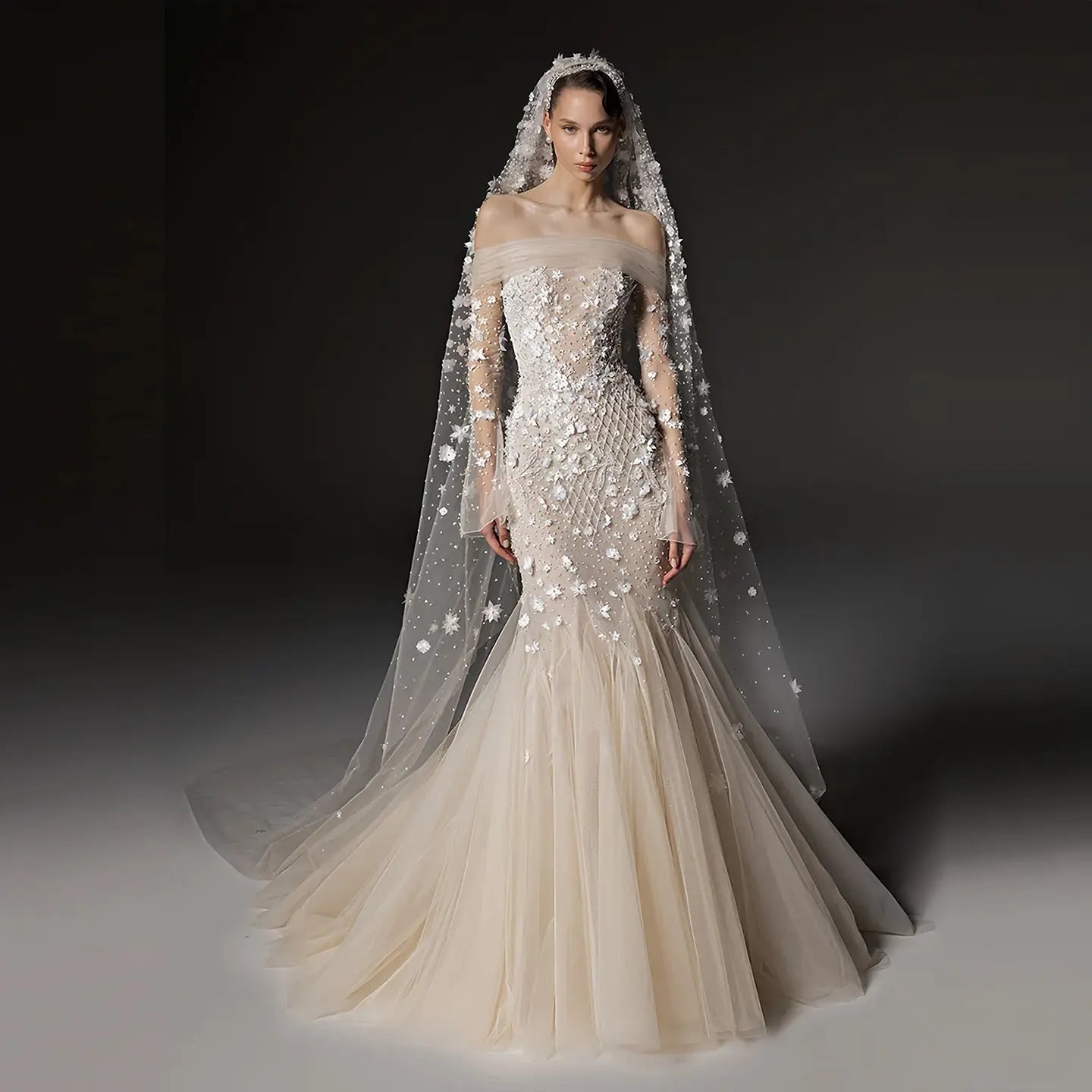 Glamorous Champagne Off-the-Shoulder Beaded Floral Mermaid Wedding Dress with Veil SW670