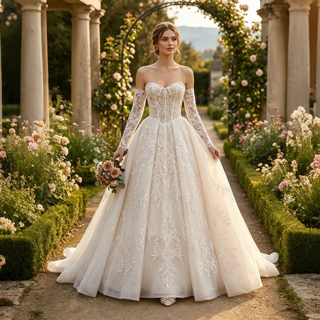 Elegant Ivory Strapless Corset Lace Tulle Bridal Gown Wedding Dress with Long Detachable Sleeves SW703