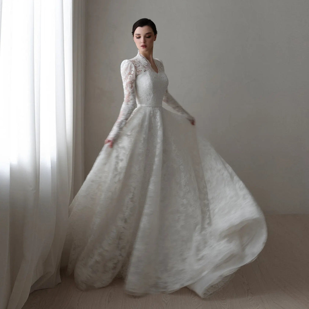 Elegant Printed Lace High Neck Wedding Dress with Train SW537