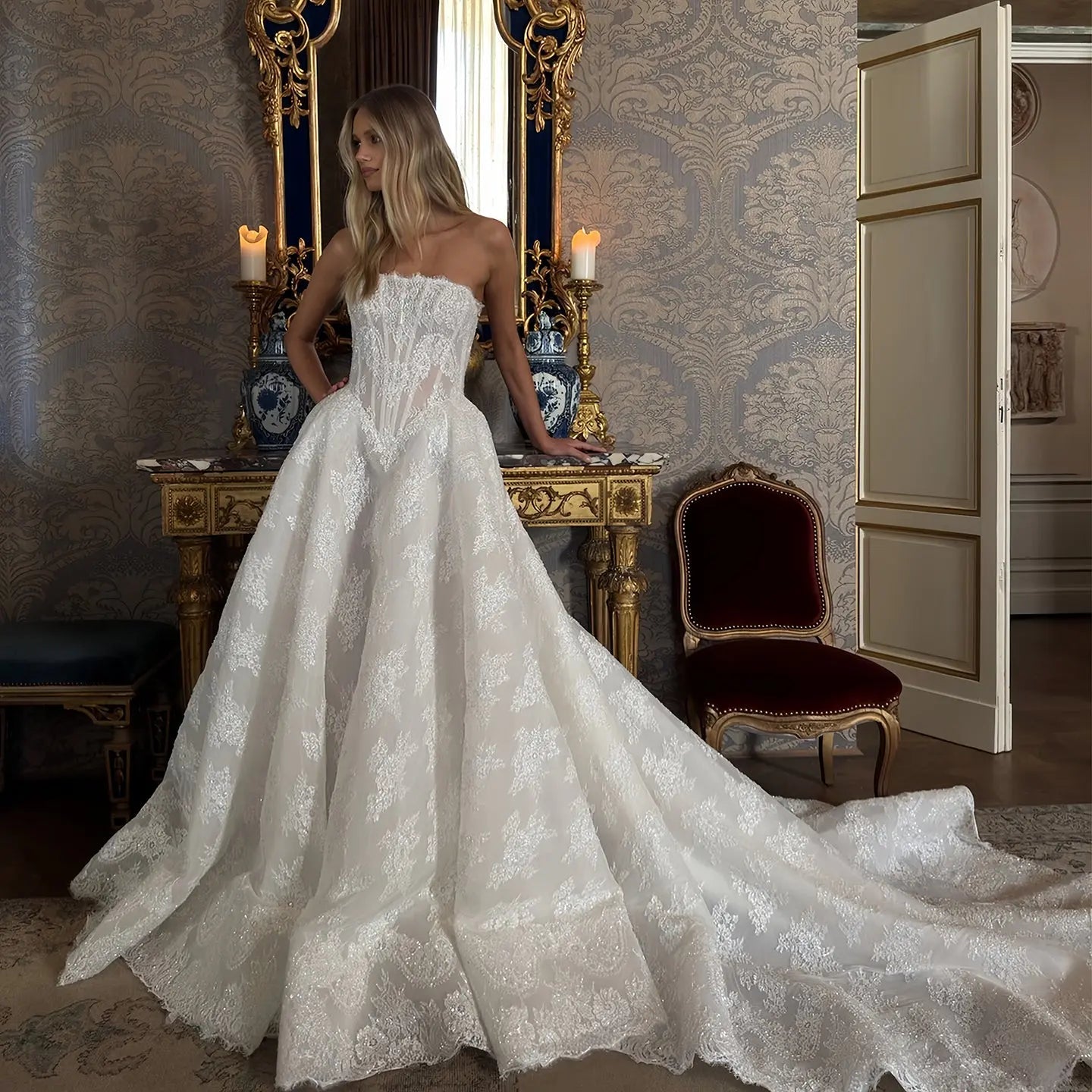Regal White Strapless Sequin Sheer Lace Ball Gown Wedding Dress SW214