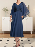 A-line V-Neck Tea-Length Chiffon Lace Mother of the Bride Dress With Beading Sequins by Dreamylily