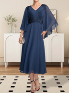 A-line V-Neck Tea-Length Chiffon Lace Mother of the Bride Dress With Beading Sequins by Dreamylily