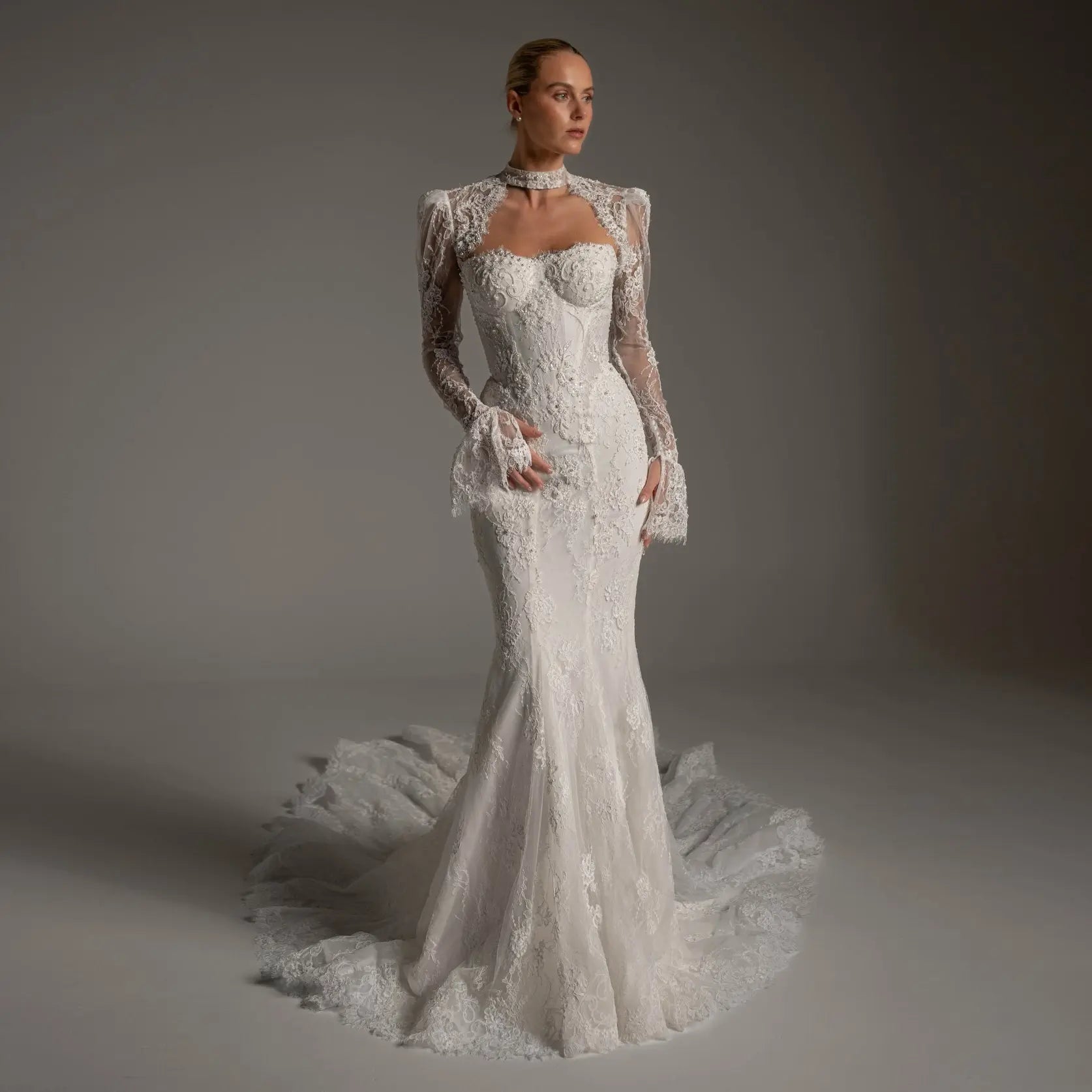 Luxury Ivory Lace Long Sleeve Mermaid Train Wedding Dress SW164