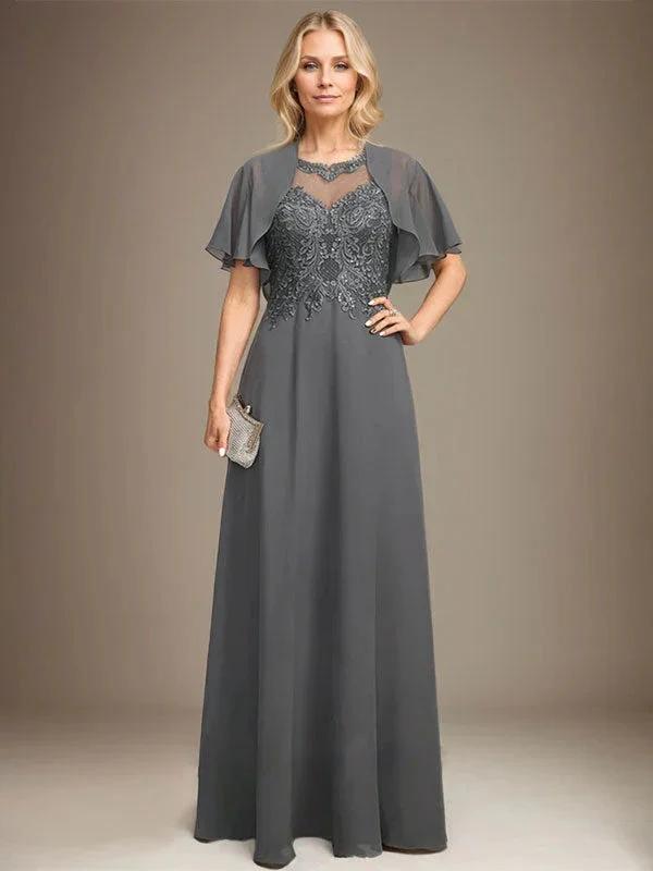 A-line Scoop Illusion Floor-Length Lace Chiffon Mother of the Bride Dress With Sequins by Dreamylily