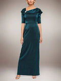 Long Shimmer Column Dress with Foldover Cuff L-Neckline and Elbow Sleeves by Dreamylily
