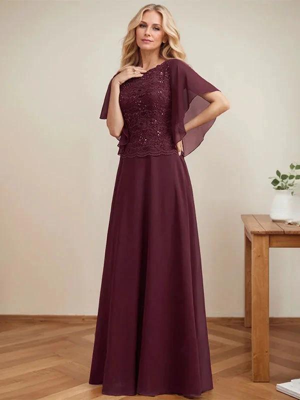 A-line Scoop Illusion Floor-Length Lace Chiffon Mother of the Bride Dress With Sequins by Dreamylily