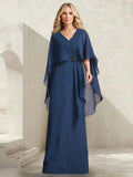 A-line V-Neck Floor-Length Chiffon Mother of the Bride Dress With Cascading Ruffles Beading by Dreamylily