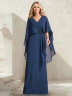 A-line V-Neck Floor-Length Chiffon Mother of the Bride Dress With Cascading Ruffles Beading by Dreamylily