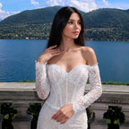 White Boho Romantic Lace Mermaid Wedding Dress Beaded Sequins With Lace Train SW627