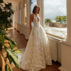 Modern Ivory Lace Deep V-Neck Halter Ball Gown Wedding Dress with Train SW185