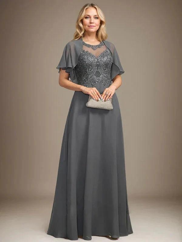 A-line Scoop Illusion Floor-Length Lace Chiffon Mother of the Bride Dress With Sequins by Dreamylily