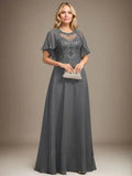 A-line Scoop Illusion Floor-Length Lace Chiffon Mother of the Bride Dress With Sequins by Dreamylily