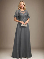 A-line Scoop Illusion Floor-Length Lace Chiffon Mother of the Bride Dress With Sequins by Dreamylily