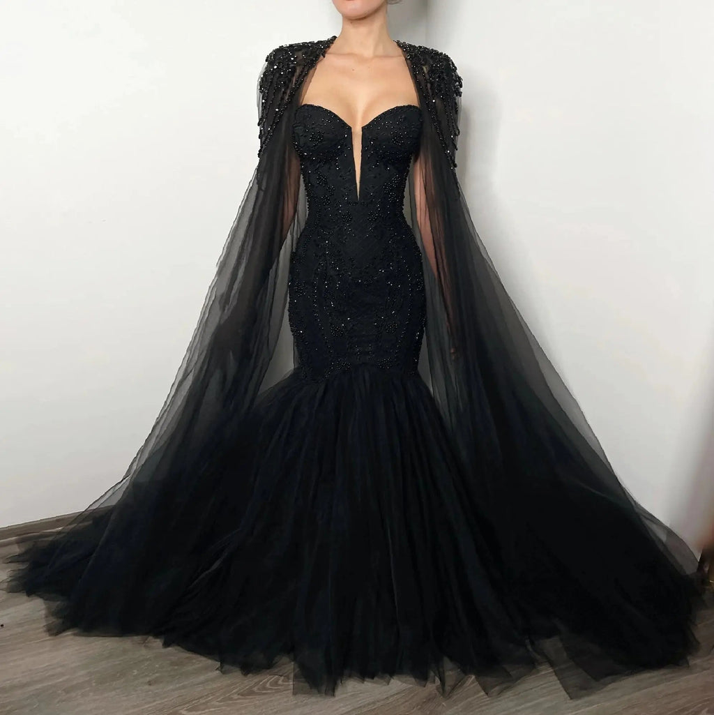 Black Luxury Gothic Wedding Dress Mermaid Beaded Lace Tassel Cape  SW554