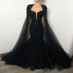 Black Luxury Gothic Wedding Dress Mermaid Beaded Lace Tassel Cape  SW554