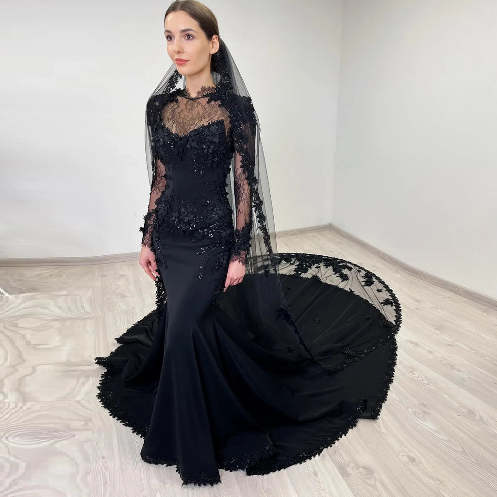 Black Luxury Gothic Wedding Dress Mermaid 3D Floral  With Lace Edge Train SW552
