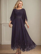 A-line Scoop Illusion Ankle-Length Lace Chiffon Mother of the Bride Dress With Sequins by Dreamylily