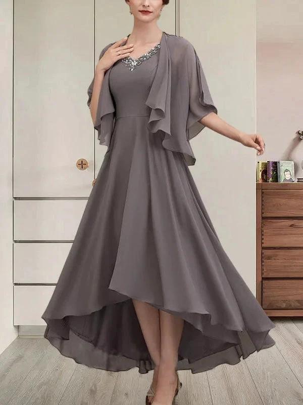 A-line V-Neck Asymmetrical Chiffon Mother of the Bride Dress With Beading Sequins by Dreamylily