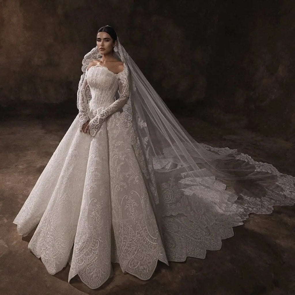 Luxury White Lace Long Sleeve Fitted Train Wedding Dress with Veil SW524