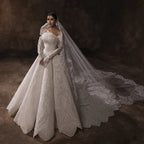 Luxury White Lace Long Sleeve Fitted Train Wedding Dress with Veil SW524