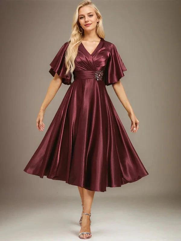 A-line V-Neck Tea-Length Stretch Satin Mother of the Bride Dress With Beading Pleated by Dreamylily