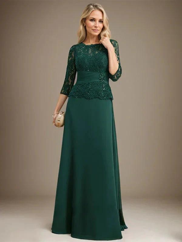 A-line Scoop Illusion Floor-Length Chiffon Lace Mother of the Bride Dress With Pleated Sequins Beading by Dreamylily