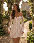 Luxury Ivory Off-the-Shoulder Long Sleeve Lace Mini Wedding Dress SW170
