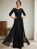 A-Line Scoop Illusion Floor-Length Lace Chiffon Mother Of the Bride Dress With Beading Ruffles by Dreamylily