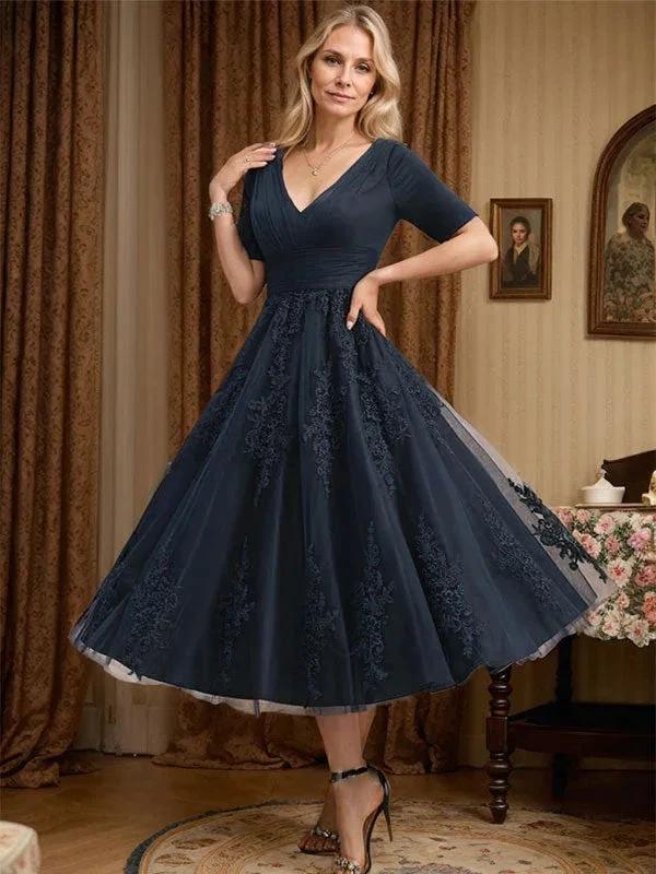 A-line V-Neck Tea-Length Tulle Lace Mother of the Bride Dress With Pleated by Dreamylily