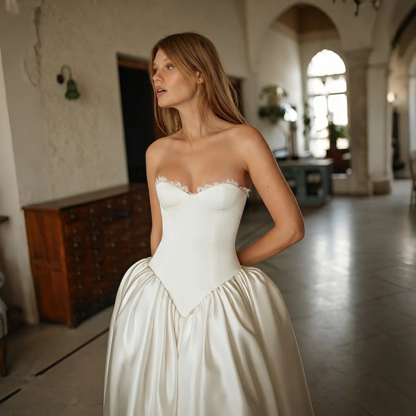 Minimalist Strapless Lace Trim Corset Satin Ball Gown Wedding Dress SW741