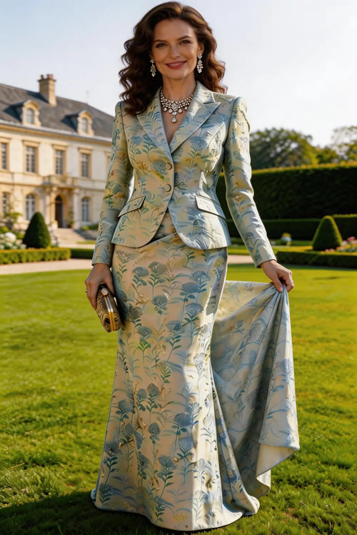Elegant Blue Floral Jacquard Skirt Suit for Mother of the Bride by tangjianjun