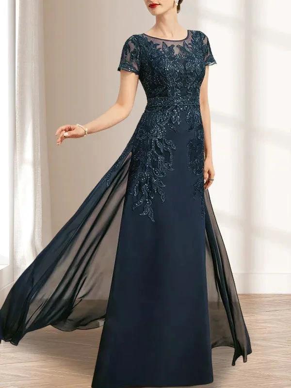 Sheath/Column Scoop Illusion Floor-Length Lace Chiffon Mother of the Bride Dress With Sequins by Dreamylily